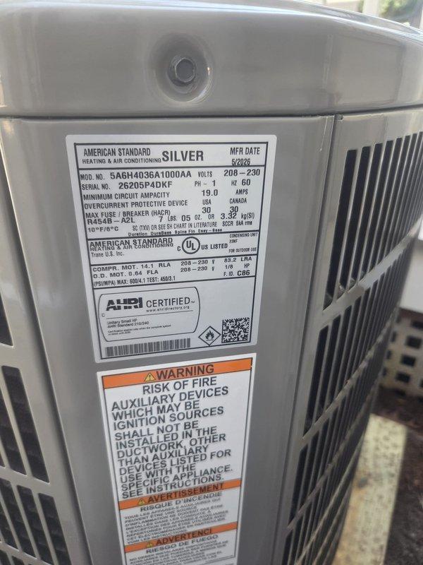 Completed full HVAC system replacement including removal and disposal of existing equipment. Installed American Standard 3.0 ton 14.3 SEER heat pump (model 5A6H4036) on exterior platform with electrical whip and disconnect, connected via 35' refrigeration lines to new variable speed fan coil unit (model 5TEM6D04) in interior mechanical closet. Fabricated and installed new return plenum with 10x10 hard duct connection from existing ceiling ductwork, supply plenum with hard duct transition to 16" flexible ductwork at ceiling, sealed all plenum penetrations with caulk. Added 10KW electric heat kit with dedicated breaker, 1" filter rack, and WiFi-enabled thermostat for complete climate control. System tested and operational.