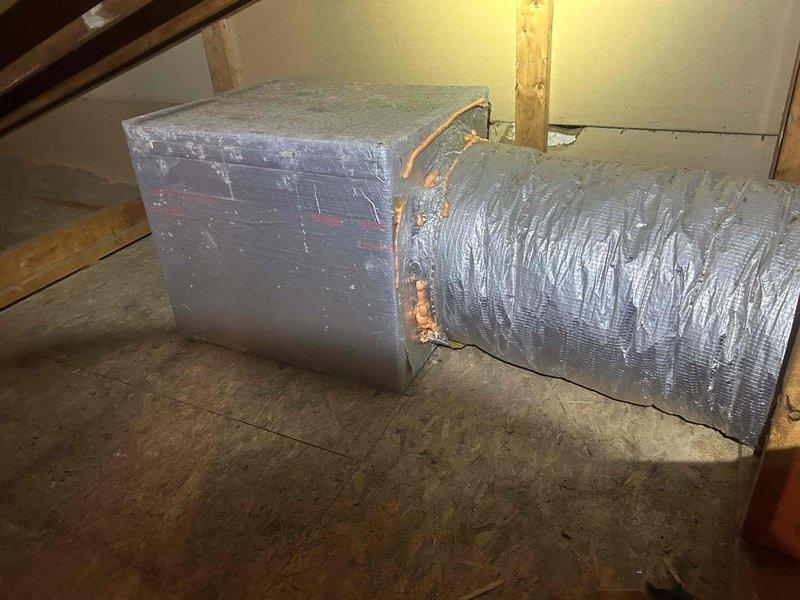 Responded to no heat call on 10+ year old HVAC system that was cycling on and off intermittently. Upon arrival, unit was operating normally in attic space. Inspected air handler, ductwork connections, and associated components. System tested and confirmed functional at time of service, with customer advised of diagnostic findings and potential repair needs.