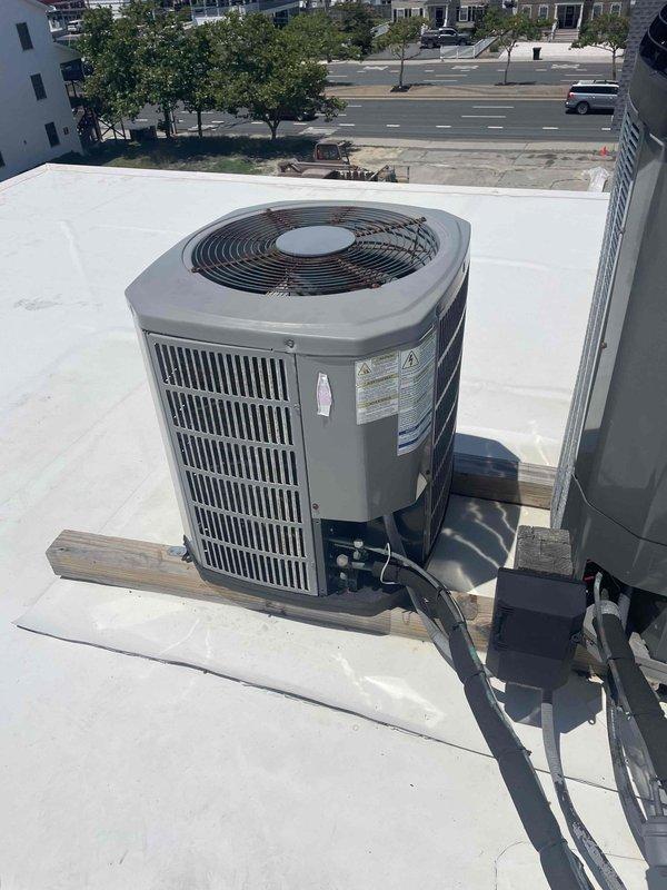 Responded to no cooling complaint on 10+ year old rooftop air conditioning unit. Upon arrival, found system shut off and unable to reach setpoint temperature. Performed diagnostic evaluation of outdoor condensing unit and associated refrigerant lines. Inspected condenser coil, compressor operation, and electrical components. Evaluated copper refrigerant line connections showing oxidation and corrosion indicative of system age. Checked flexible ductwork connections and indoor air handler components. Identified age-related wear on copper piping with visible tarnishing and discoloration at connection points. System assessed and recommendations provided for repair or replacement options given unit age exceeding ten years.