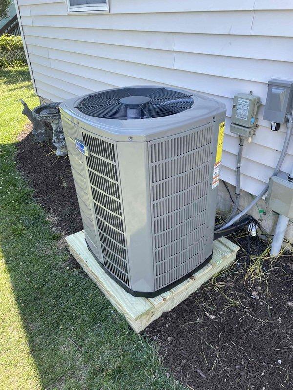 Completed full air conditioning system replacement including removal and disposal of existing equipment. Installed new 3-ton, 17 SEER outdoor condensing unit (model 5A7A7036) on wooden platform with proper refrigerant line connections and electrical disconnect. Installed variable speed fan coil unit (model 5TEM6D04) in attic with drain pan and shut-off valve. Replaced one section of 7-inch flexible ductwork in attic space. Installed S1200W WiFi-enabled programmable thermostat with system configuration and testing. All equipment commissioned and verified operational with proper airflow and refrigerant charge.