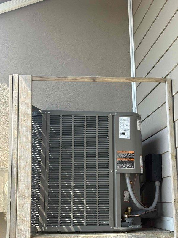 Completed full HVAC system replacement including removal and disposal of existing equipment. Installed new Lennox ML14KP1-036 3-ton 14 SEER heat pump outdoor unit on existing platform, Lennox CBK45UHET-036 air handling unit in interior closet space, 10kW electric heat kit (downgraded from existing 15kW), and Honeywell digital WiFi thermostat. Fabricated and installed metal duct transitions to adapt new equipment to existing ductwork. Replaced outdoor electrical disconnect and whip while reusing existing electrical service, refrigerant lines, and condensate drainage lines. Verified all connections, tested system operation, and confirmed proper heating and cooling functionality. Extended protection plan one year from current expiration date.