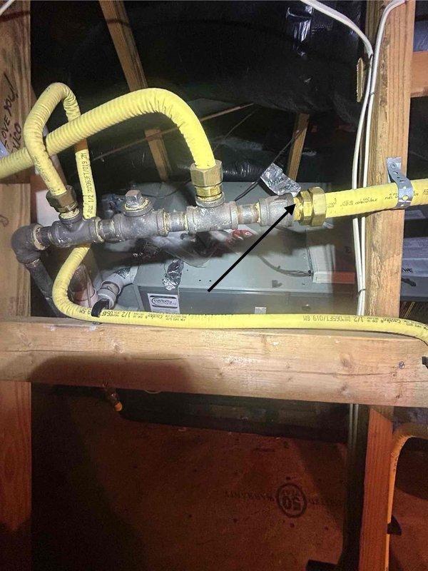 Completed scheduled cooling maintenance visit on residential HVAC system. Inspected gas meter installation and associated flexible gas line connections serving the heating equipment, verifying all brass compression fittings and CSST (corrugated stainless steel tubing) connections were secure and properly installed. All yellow flexible gas lines and metallic corrugated hoses showed appropriate connections with no visible signs of damage or leakage. System components were found to be in satisfactory operating condition.