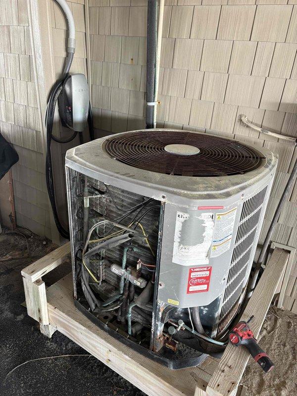 Responded to service call for outdoor unit producing loud thud noise during startup and shutdown cycles. Upon inspection, found loose component on outdoor condensing unit that had become detached and exposed. Secured the loose piece with cable clamp to prevent further damage and restore proper operation, eliminating the noise issue.