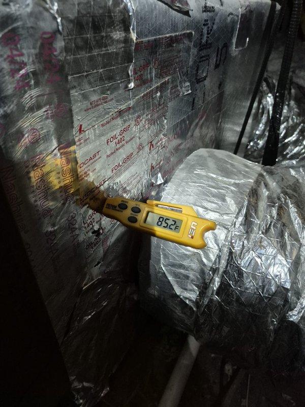 Responded to no cooling call and system shut off condition. Upon arrival, performed diagnostic temperature measurements at supply duct registering 85.2°F and return air at 53.9°F, indicating system was running but not cooling effectively. Identified cooling system failure requiring further evaluation of refrigerant charge, compressor operation, and potential component replacement to restore proper cooling function.