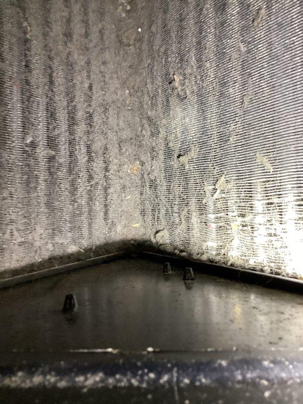 # HVAC Service Report - No Cool Condition

Responded to a no cooling complaint on a residential HVAC system over 10 years old. Upon inspection of the air handler unit, discovered extensive mold and mildew growth throughout the interior cabinet and on foil-faced insulation surfaces. The biological contamination indicated prolonged moisture intrusion and lack of proper maintenance. The evaporator coil area showed significant deterioration with heavy microbial growth covering metallic surfaces and insulation material.

Inspected the condensate drainage system and identified the source of moisture problems contributing to the mold growth. Found evidence of standing water and inadequate drainage that had been occurring over an extended period. The drain pan showed discoloration and contamination consistent with chronic moisture exposure.

Evaluated the water filtration and plumbing system connected to the HVAC equipment. Observed two filter housings with red and white caps integrated into w