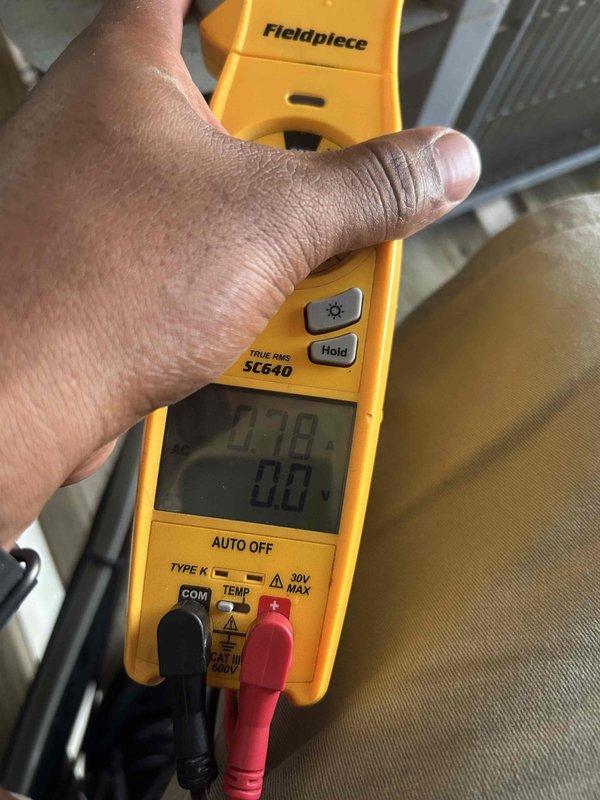 Responded to no cooling complaint on upstairs unit with 11-degree temperature differential (set at 68°F, reading 79°F). Performed diagnostic testing using digital multimeter to check electrical components and system operation. Customer was informed of service fee and diagnostic findings, with credit card on file for payment processing.
