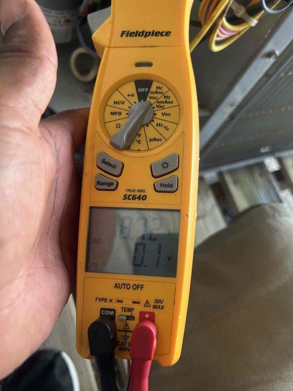 Responded to no cooling complaint on upstairs unit with 11-degree temperature differential (set at 68°F, reading 79°F). Performed diagnostic testing using digital multimeter to check electrical components and system operation. Customer was informed of service fee and diagnostic findings, with credit card on file for payment processing.