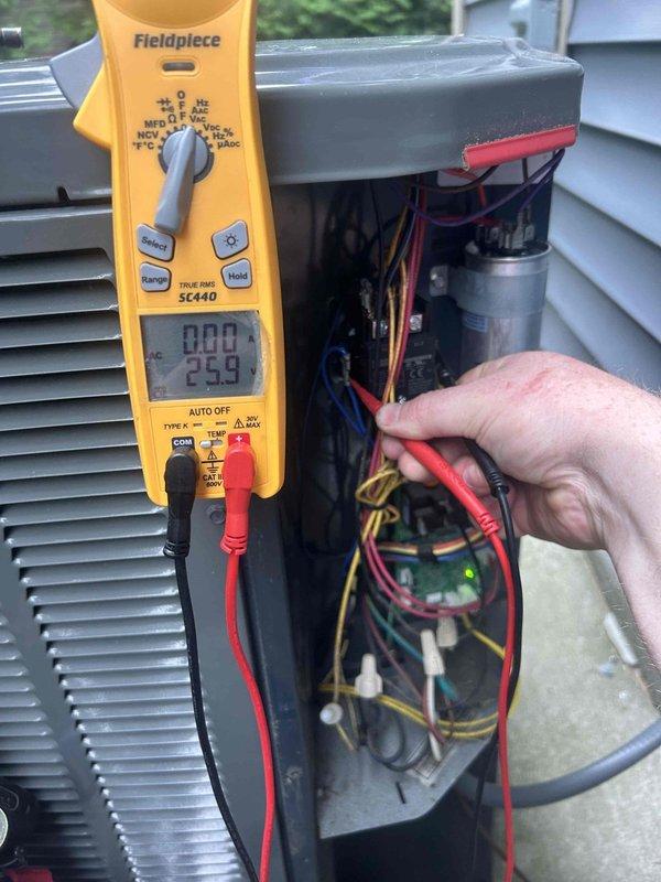 Responded to no cooling complaint on outdoor condensing unit. Upon arrival, found compressor not operating. Performed electrical diagnostics using digital multimeter to test capacitor and verify voltage at compressor terminals. Measured capacitance values and checked for proper voltage supply to compressor contactor. Identified compressor failure as root cause of system malfunction. Unit requires compressor replacement to restore cooling operation.