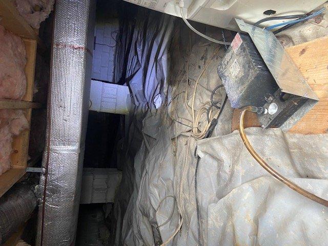 Conducted thorough assessment of existing ductwork system in crawl space to evaluate airflow distribution and identify opportunities for improved system performance. Inspected current return air configuration, HVAC equipment placement, and duct insulation conditions throughout the underfloor area. Documented existing system layout including flex duct runs, vapor barrier condition, and structural accessibility to provide comprehensive estimate for adding additional return air ductwork to enhance overall system balance and efficiency.