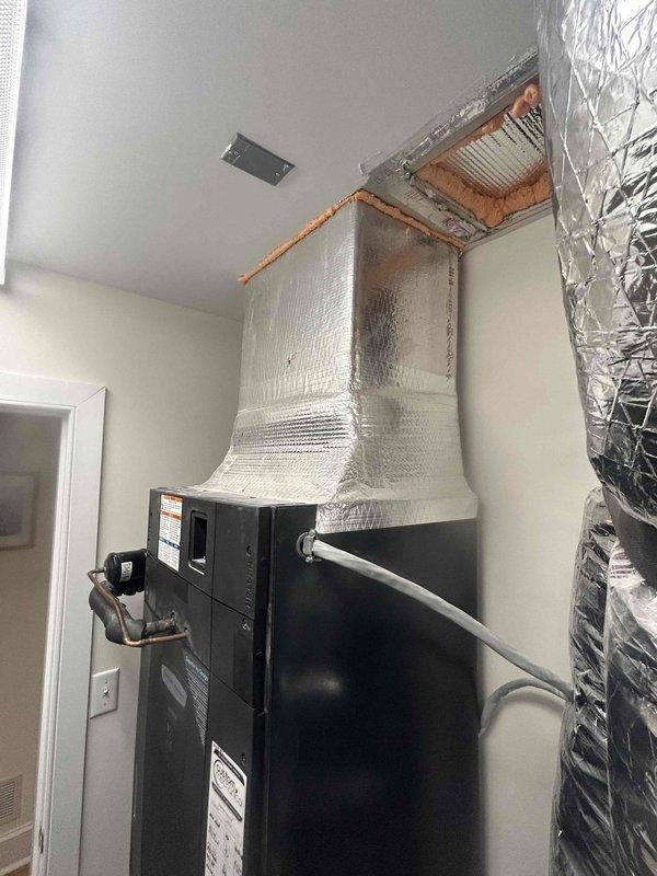Responded to repeat no cooling complaint on residential HVAC system. Upon arrival, inspected indoor air handler unit and electrical panel serving the system. Verified proper electrical supply at breaker panel, checked system wiring connections, and examined refrigerant line set routing from air handler to outdoor condensing unit. Documented equipment installation and electrical components with photographs for service records to assist with ongoing diagnostic history given multiple previous service calls for same cooling issue.