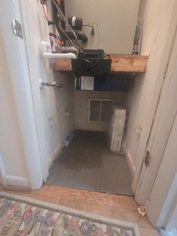 Completed full HVAC system replacement including removal and disposal of existing equipment. Installed 5A6H4042 3.5-ton 14.3 SEER heat pump outdoor unit on existing pad with electrical whip and disconnect. Installed 5TEM6D04 variable speed fan coil unit in interior mechanical closet along with BAYHTR1715BRKR 15KW electric heater with breaker. Flushed, pressure tested, and recharged refrigeration lines to manufacturer specifications. Installed automatic condensation pump with proper drainage, 1-inch filter rack, and S1200W WiFi thermostat for system control. All components mounted securely, electrical connections completed per code, and system tested for proper operation across all modes including heating and cooling cycles.