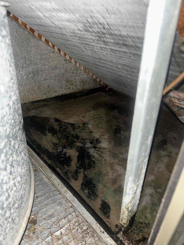 # HVAC Cooling System Maintenance Visit

Performed routine cooling maintenance inspection on residential air conditioning system. Upon accessing the unit's interior, discovered significant standing water accumulation in the condensate drain pan with visible debris, sediment, and particulate matter throughout. The drain pan exhibited extensive staining and discoloration, indicating prolonged moisture exposure and potential biological growth concerns.

Documented conditions of the evaporator coil assembly area, noting the quilted insulation material surrounding ductwork and refrigerant lines appeared intact. Copper fasteners securing insulation to metallic surfaces were properly positioned. However, the drain pan surface showed irregular black and dark brown staining patterns across the collection area, suggesting inadequate drainage or clogged condensate line requiring attention.

The unit's base cabinet interior revealed stagnant water conditions with accumulated organic debris that co