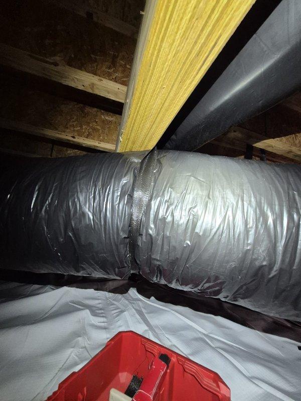 Diagnosed collapsed 12-inch flexible duct line located behind air handler in crawlspace. Ordered replacement flex duct and coordinated with customer for installation upon part arrival. Replaced damaged flex duct section, ensuring proper airflow restoration to affected zone and verified system operation upon completion.