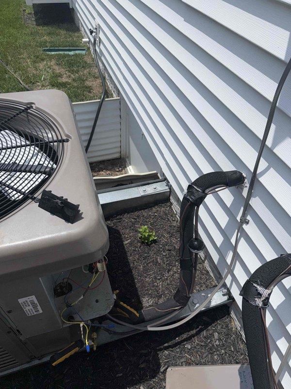 Responded to no cooling complaint on upstairs York system. Upon arrival, unit was already shut down by customer due to unusual noise concerns. Performed visual inspection of outdoor condensing unit and refrigerant line set. Equipment appeared in good physical condition with proper installation and no visible signs of damage, leaks, or deterioration. Refrigerant lines properly secured and insulated. Customer advised of diagnostic findings and service options to identify source of reported noise and cooling issue.