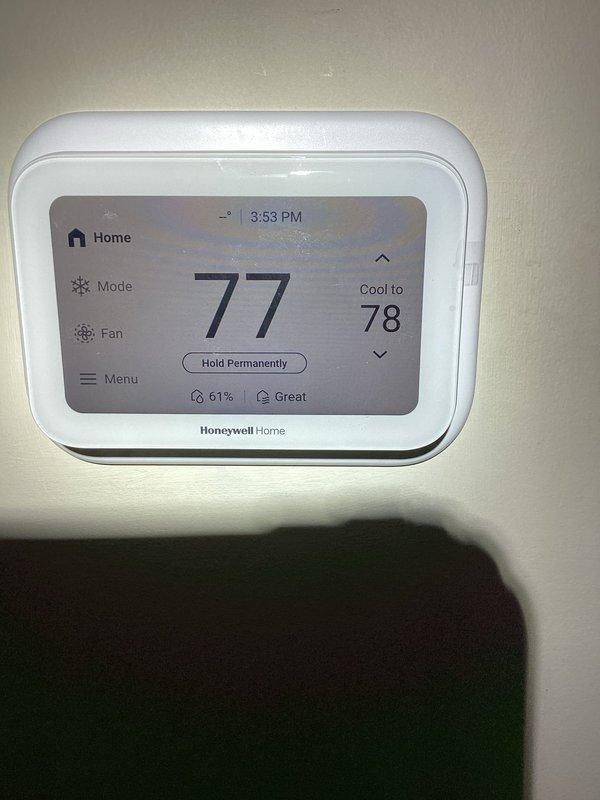 Replaced defective control board on Carrier unit Model FJANXB36L00, Serial 2326F39833 under warranty. Board had failed at new installation and was previously bypassed to restore cooling temporarily. Installed warranty replacement board, restored system to normal operation, and verified cooling function. Set thermostat to 78°F per property management instructions and confirmed unit cycling properly with Honeywell Home thermostat displaying correct temperature readings and system status.