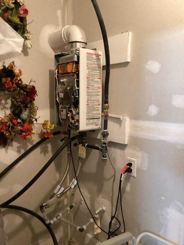 Performed comprehensive tankless water heater maintenance flush and inspection. Conducted descaling procedure on unit, flushed internal heat exchanger to remove mineral buildup, verified proper operation of all inlet and outlet valves, and confirmed system functionality. Water filtration system components inspected and found in good working condition.