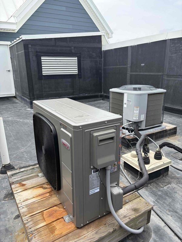 Completed full HVAC system replacement on rooftop installation, removing and disposing of existing equipment. Installed new Lennox ML15KSPV-036 3-ton 16 SEER heat pump condensing unit on wooden platform, Lennox CBK45UHVT-036 variable speed air handling unit, and Lennox ECB45 10kw electric heat pack. Fabricated and installed metal duct transitions to adapt new equipment to existing ductwork. Replaced outdoor disconnect and electrical whip while reusing existing electrical service, condensation drain lines, and refrigerant line sets. Secured outdoor unit on elevated platform per installation specifications. Reused existing thermostat and verified system operation with proper airflow and temperature differential across all zones.