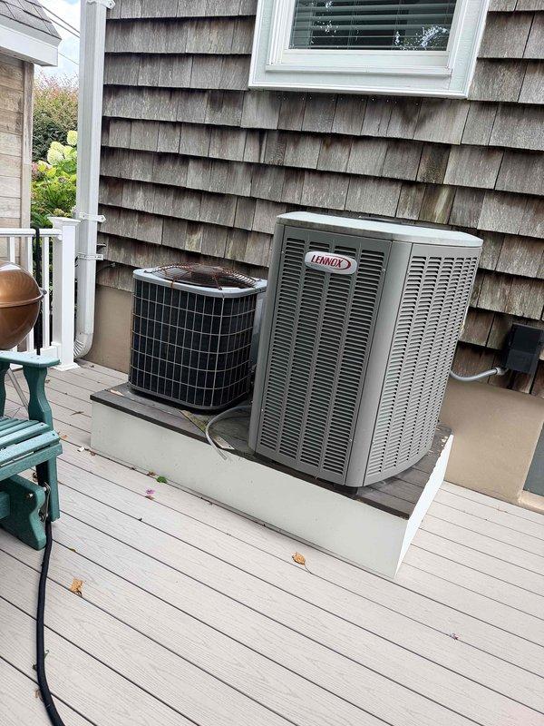 Provided comprehensive HVAC system replacement estimate for upstairs residential cooling system. Assessed existing Lennox outdoor condenser unit and accompanying HVAC equipment currently installed on elevated wooden deck with proper mounting platforms. Documented current equipment configuration, installation location, and accessibility for future replacement planning. Reviewed system specifications and discussed upgrade options to ensure optimal cooling performance for the upper level of the residence.
