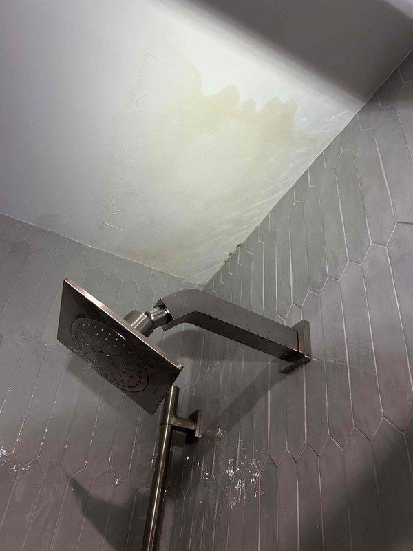 Responded to water leak complaint originating from drain pan. Upon arrival, observed visible water damage including dark mold and mildew growth along bathroom floor-to-wall junction with hexagonal tile flooring, and significant yellowish-brown water staining on bathroom ceiling above shower area. Documented moisture damage with photographic evidence showing active water infiltration from above and recent moisture presence on shower wall surfaces. Consulted with occupant regarding findings and recommended further investigation of drain pan overflow issue and ceiling water source to prevent continued microbial growth and structural damage.