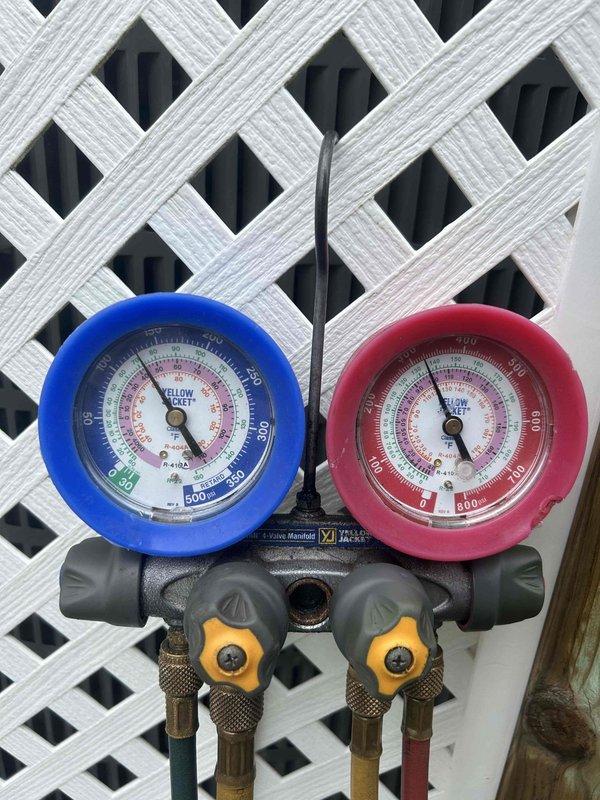 Completed compressor replacement on residential air conditioning system, including installation of new filter drier and all starting components. System tested and verified operational with proper refrigerant pressures and supply air temperature readings confirming adequate cooling performance.