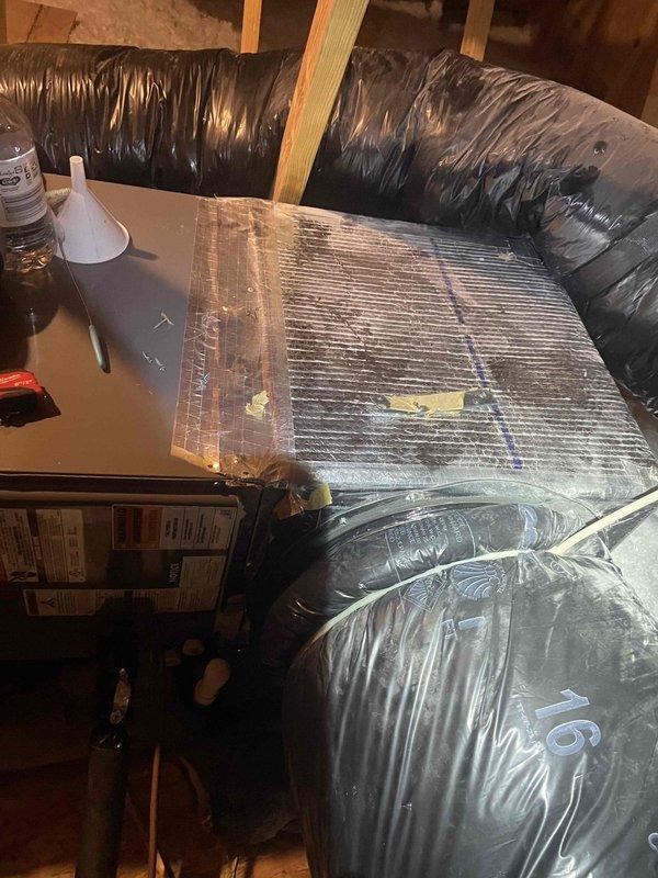 Responded to no cooling complaint on 4-year-old upstairs system located in attic. Upon inspection, found improperly sized filter rack causing airflow restriction. Measured existing installation and determined correct dimensions for replacement filter rack (21"D x 17½" x 20"). Installed new properly-sized filter rack on top of unit to restore adequate airflow to system. System tested and confirmed cooling operation restored to normal parameters.