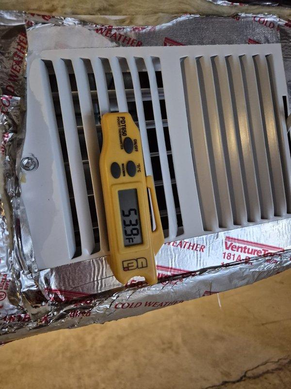 # HVAC Maintenance - Cooling System Service

Completed routine cooling maintenance visit on residential HVAC system. Performed comprehensive system inspection including supply air temperature measurements at ceiling register, recording 53.54°F outlet temperature. Conducted electrical diagnostics at condensing unit, measuring 0.58 amps current draw and 0.2 volts across capacitor connections using digital multimeter. Verified proper operation of all electrical components, inspected wiring connections, and confirmed system is operating within normal parameters. All measurements indicate system is functioning efficiently with no issues identified.