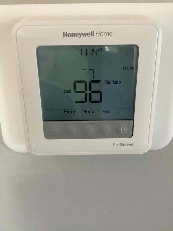 Completed cooling system inspection and tune-up on single HVAC system for new homeowner. Verified system operation with Honeywell ProSeries thermostat displaying proper cooling function at 77°F setpoint. Measured filter size and provided specifications to homeowner for future maintenance, inspected ductwork and insulation in attic space confirming proper installation and airflow.