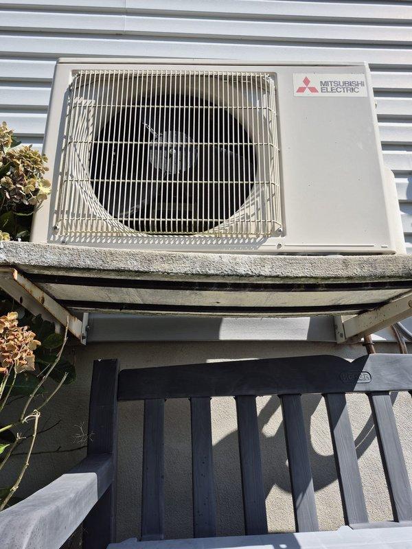 Performed diagnostic evaluation on Mitsubishi mini split system installed on exterior deck. System inspection revealed refrigerant leak requiring recovery and nitrogen pressure testing to locate source. Scheduled follow-up appointment to complete refrigerant recovery and perform comprehensive nitrogen leak detection test on the system.