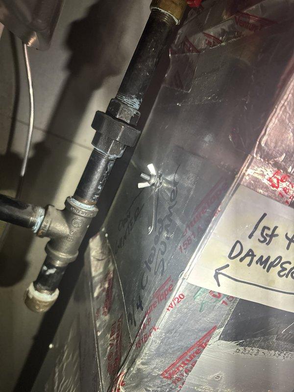 # HVAC Service - No Cool

Responded to service call for system not maintaining temperature setpoint. Upon arrival, performed system diagnostics and inspection of ductwork and airflow distribution components. Identified improperly positioned damper affecting first-floor zone airflow balance. Inspected gas line connections, ductwork assembly, and system labeling in mechanical room. Documented existing damper position and system configuration with photographs for service records. Verified all piping connections secure and properly installed per manufacturer specifications.