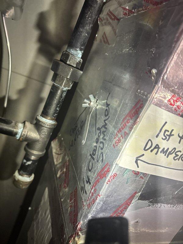 # HVAC Service - No Cool

Responded to service call for system not maintaining temperature setpoint. Upon arrival, performed system diagnostics and inspection of ductwork and airflow distribution components. Identified improperly positioned damper affecting first-floor zone airflow balance. Inspected gas line connections, ductwork assembly, and system labeling in mechanical room. Documented existing damper position and system configuration with photographs for service records. Verified all piping connections secure and properly installed per manufacturer specifications.