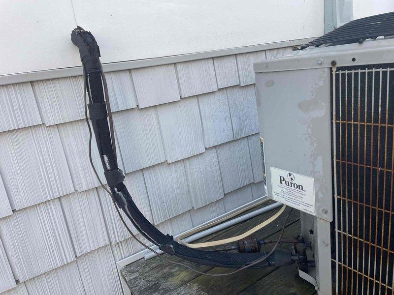 Completed scheduled cooling maintenance visit on two-system HVAC installation. Inspected indoor air handling unit with associated ductwork, refrigerant lines, and condensate drainage system in mechanical room. Verified proper operation of outdoor condensing unit with Puron refrigerant. All components found in good working condition with no immediate repairs required. Systems operating within normal parameters.