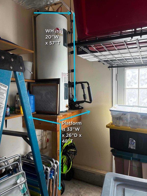 Completed routine cooling maintenance visit. Inspected and documented water heater installation in utility room, verifying proper mounting, clearances, and platform dimensions for service accessibility. Unit found in satisfactory operating condition with all safety labels visible and plumbing connections secure.