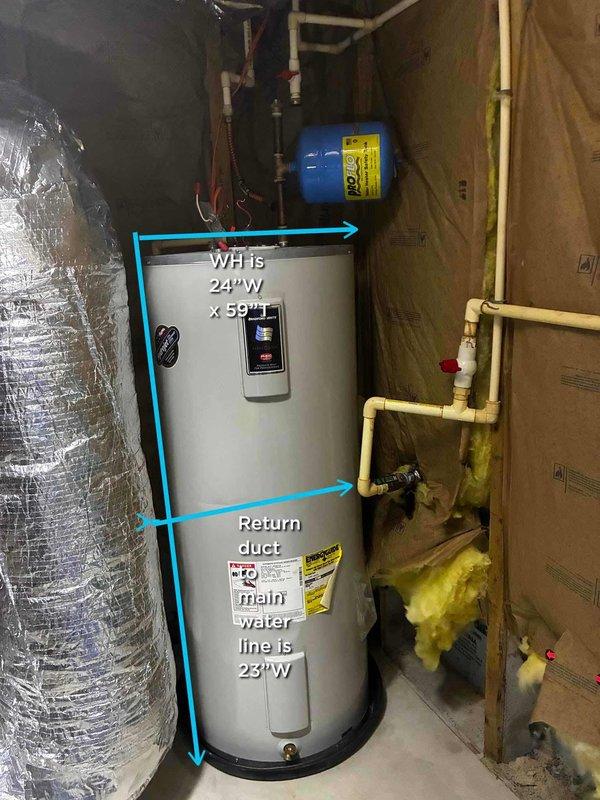 Reinstalled existing tanked water heater unit in mechanical room after another contractor had disconnected and removed it earlier in the day. Connected all water supply lines, pressure tank connections, and plumbing fittings to restore the system to operational status. Verified proper installation of the white cylindrical water heater with digital control panel, ensuring all copper piping, PVC connections, and safety components were properly secured and functional.