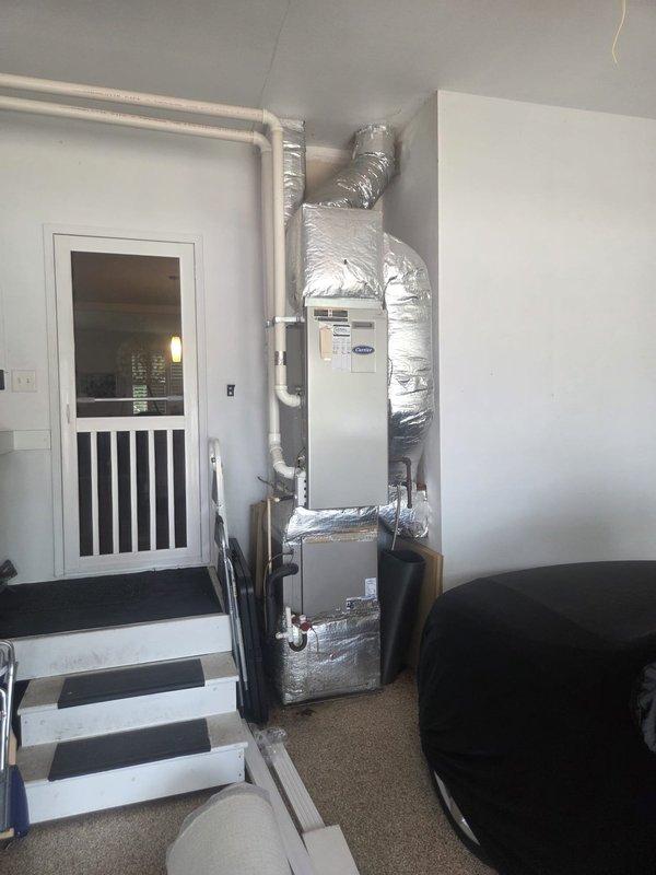 Responded to no cooling complaint on Carrier system that experienced freezing due to heavily soiled filter from ongoing construction activity. Replaced dirty air filter and allowed system to fully thaw. Upon restart, unit showed continued performance issues with suction temperature reading 150°F and 15% below target superheat, indicating potential refrigerant charge problem or additional airflow restriction requiring further diagnosis and repair.