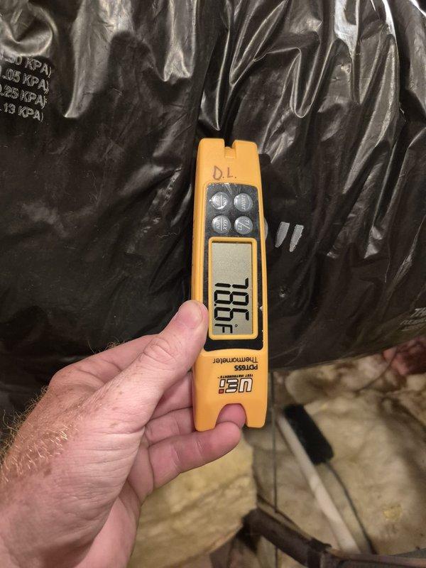 Performed cooling system maintenance and diagnostic evaluation. Used psychrometer to measure temperature and humidity levels, and tested electrical components with multimeter, recording 10.6 amps and 88 volts at the unit. System operational upon completion of inspection.