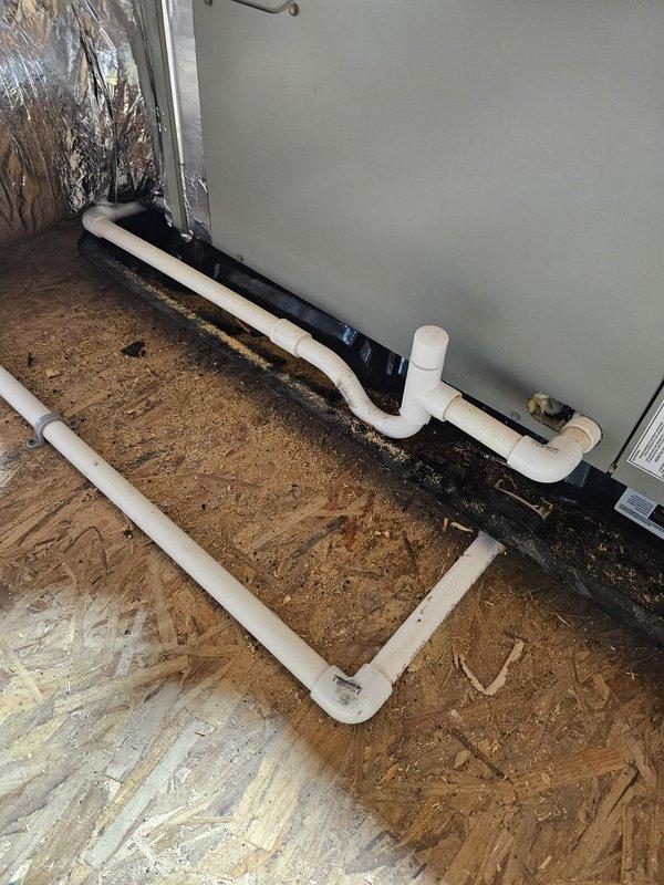 Completed comprehensive tune-up and inspection on two HVAC systems. Inspected air handler unit with connected ductwork, verified proper installation of condensate drain lines, and documented equipment conditions. All systems found operating within normal parameters with no immediate service needs identified.
