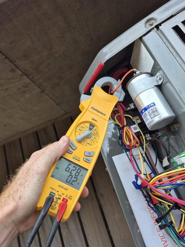 Performed preventative maintenance inspection on single cooling system. Conducted electrical diagnostics using digital multimeter to verify capacitor and compressor operation, with readings confirming proper voltage and amp draw. Injected UV dye into refrigerant system to facilitate future leak detection. Verified thermostat operation in cooling mode at 78°F setpoint. All system components operating within manufacturer specifications with no immediate repairs required.