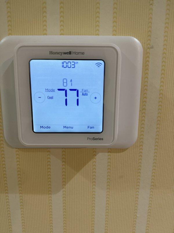 Completed routine cooling maintenance visit on two HVAC systems. Inspected and verified proper operation of both Honeywell Home ProSeries thermostats, confirming accurate temperature readings, WiFi connectivity, and cooling cycle functionality with systems operating within normal parameters.