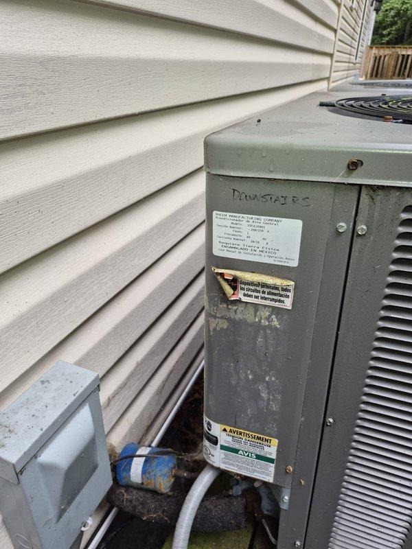 # HVAC Service Call - No Cool Complaint

Responded to first floor not reaching set temperature on aging residential cooling system. Upon arrival, performed comprehensive system diagnostics using digital manifold and temperature measurement tools.

Conducted thorough inspection of outdoor condensing unit, which showed signs of age and weathering consistent with 10+ years of operation. Evaluated all accessible components including compressor operation, fan motor function, and electrical connections. Checked refrigerant pressures and temperatures across both air side and refrigerant side of system, documenting readings that indicated system performance issues.

Measured supply and return air temperatures, superheat, and subcooling values to assess overall system efficiency and identify cooling deficiency cause. Readings revealed suboptimal performance affecting first floor comfort levels.

Inspected condensate drainage system and discussed condensate line length concerns with customer as 