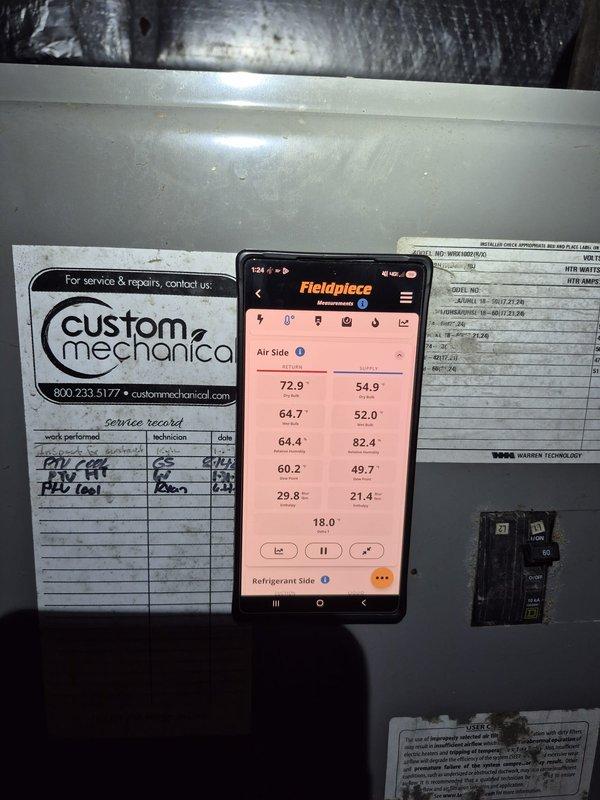 # HVAC Service Call - No Cool Complaint

Responded to first floor not reaching set temperature on aging residential cooling system. Upon arrival, performed comprehensive system diagnostics using digital manifold and temperature measurement tools.

Conducted thorough inspection of outdoor condensing unit, which showed signs of age and weathering consistent with 10+ years of operation. Evaluated all accessible components including compressor operation, fan motor function, and electrical connections. Checked refrigerant pressures and temperatures across both air side and refrigerant side of system, documenting readings that indicated system performance issues.

Measured supply and return air temperatures, superheat, and subcooling values to assess overall system efficiency and identify cooling deficiency cause. Readings revealed suboptimal performance affecting first floor comfort levels.

Inspected condensate drainage system and discussed condensate line length concerns with customer as 