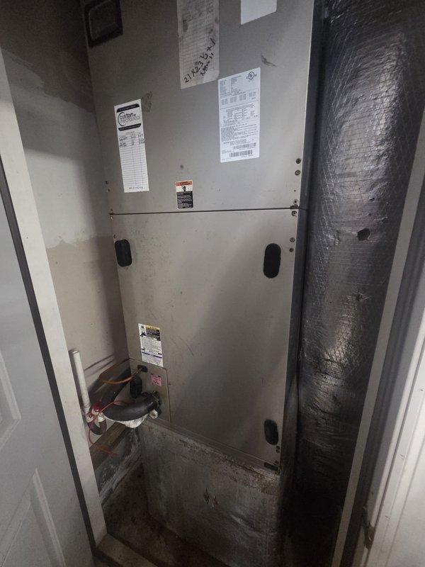 Completed routine cooling maintenance visit on residential split system. Inspected indoor air handler unit in mechanical closet and outdoor condensing unit on rear deck, verifying proper operation of all components. Checked refrigerant lines, electrical connections, condensate drain system, and confirmed unit is cooling effectively with no issues identified during inspection.