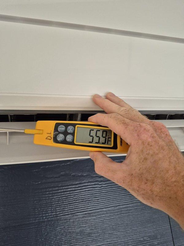 Performed routine maintenance and tune-up on 8-year-old ductless mini-split system. Conducted comprehensive inspection of indoor unit, verified proper operation, and measured supply air temperature at 55.9°F and return air temperature at 78.9°F, confirming adequate cooling performance. System found to be operating within normal parameters with no repairs needed at this time.