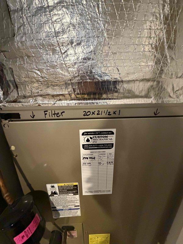 Performed routine cooling maintenance visit on residential air handler unit located in closet installation. Inspected unit operation, verified proper airflow with 20x21½x1 filter specification, and documented system condition. Forwarded information to sales department for equipment replacement estimate as requested by property management.