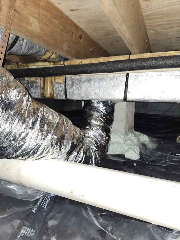 Completed full HVAC system replacement including removal and disposal of existing equipment. Installed 5A6H7036 3-ton 17 SEER heat pump outdoor unit on snow legs with new refrigeration lines, whip, and disconnect. Installed 5TEM6D04 variable speed fan coil unit with BAYHTR1715BRKR 15KW electric heater with breaker in crawl space. Added 1-inch filter rack and THX1200W WiFi thermostat for system control. Modified ductwork by installing 14x14 return air box with flat grill in hall ceiling using 10-inch flex duct and fiberglass collar. Added new 4x12 floor register in right rear bedroom using 6-inch R6 flex, angle boot, and brown floor register. Replaced existing 14x20 flat grill and installed 6-inch fiberglass collar with appropriate flex connections. All equipment tested and operational with one-year parts and labor warranty provided.