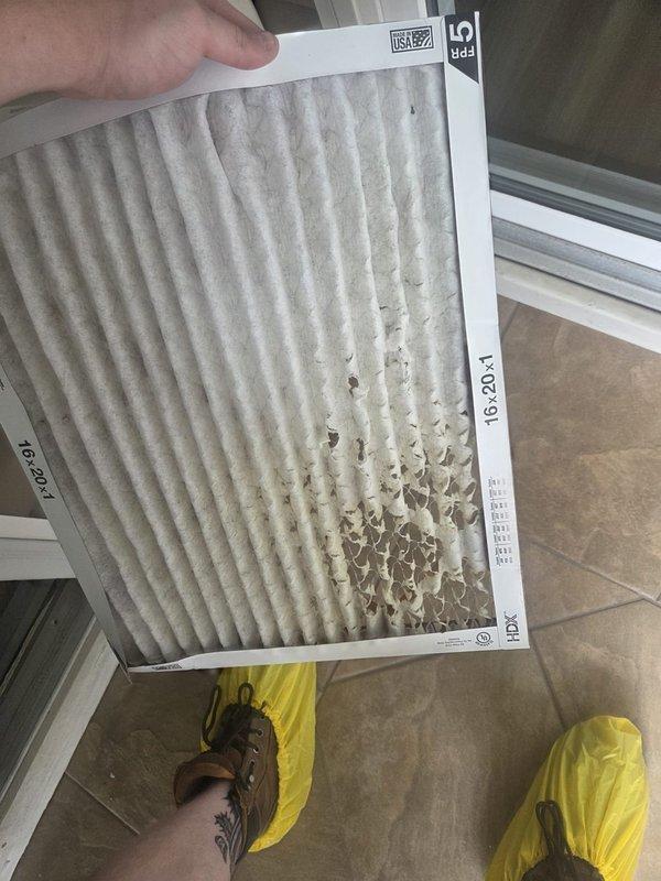 Performed routine maintenance inspection on heating system. Replaced dirty air filter showing significant debris accumulation and verified proper operation of thermostat with illuminated status indicator.