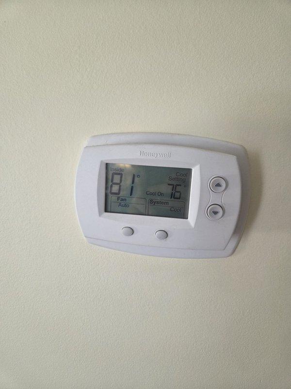 Responded to no cooling call and found thermostat displaying 81°F inside temperature while set to 76°F cooling mode with system indicating "Cool On" status. Accessed HVAC equipment and performed diagnostic evaluation to identify and resolve cooling system malfunction, restoring proper operation and temperature control to the residence.