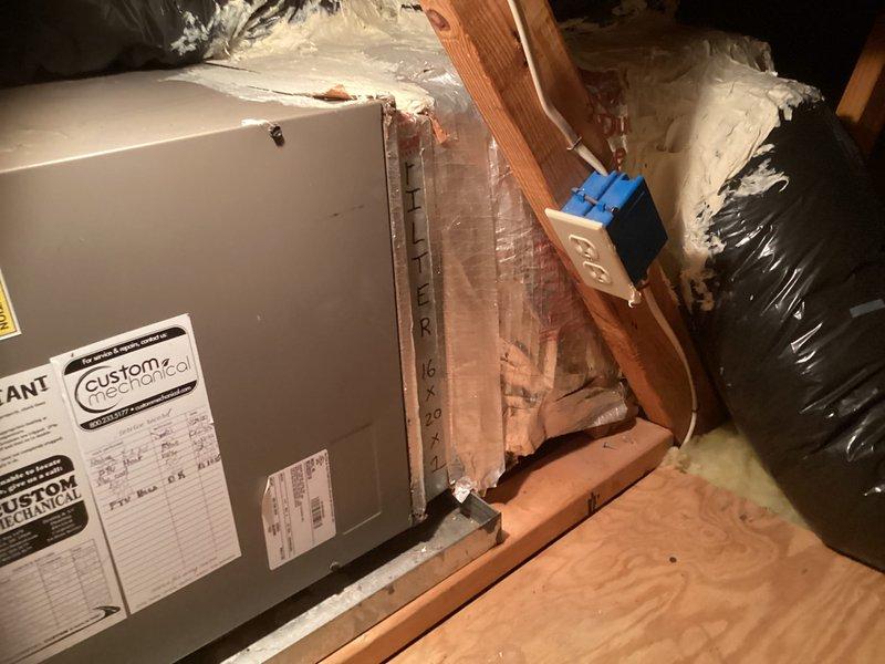 Responded to service call for residential HVAC system found to be low on refrigerant. Performed diagnostic evaluation of existing outdoor condenser unit and indoor air handler system. Homeowner declined refrigerant recharge and leak detection service, requesting full system replacement estimate instead. Documented current equipment configuration including outdoor condensing unit mounted on wooden platform and attic-installed air handler with associated ductwork and electrical connections for preparation of replacement proposal.