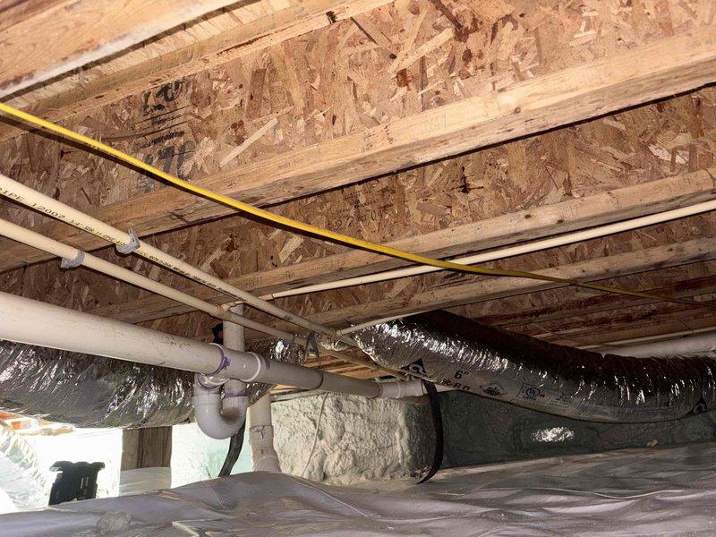 Removed all existing supply flex duct runs from the crawlspace and installed new flexible ductwork, routing each run back to its original location to maintain proper airflow distribution throughout the system. All new duct connections were properly sealed using mastic (hard cast) to ensure airtight joints and prevent conditioned air loss. The installation includes properly supported and insulated flex duct runs secured to the structural framework, with vapor barrier protection maintained at floor level.