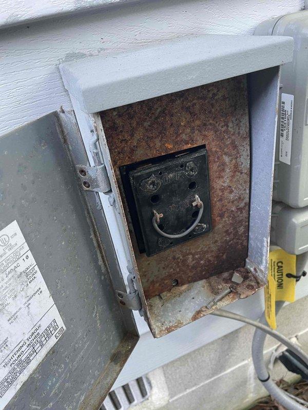 Responded to no cooling call for elderly residential customer experiencing high indoor temperatures. Upon inspection, discovered severe rust and corrosion inside outdoor electrical disconnect box, indicating prolonged moisture exposure that compromised electrical connections to the condensing unit. Documented corroded components and assessed system condition. Verified indoor airflow through supply registers and confirmed proper vent operation throughout living space.