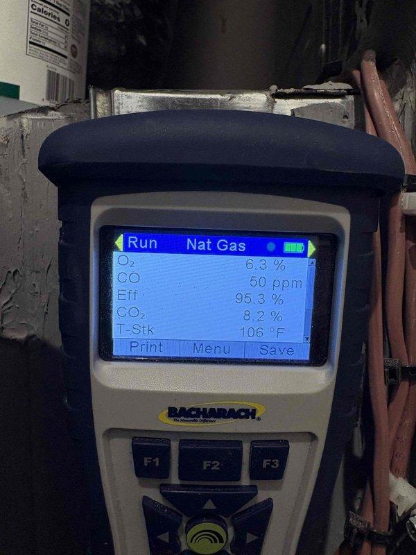 Performed comprehensive tune-up and inspection on single HVAC system. Conducted combustion analysis on natural gas appliance, verifying optimal efficiency at 95.3% with CO levels at 50 ppm and O2 at 6.3%. Measured and documented gas pressure at +9.110 inches water column to ensure proper system operation. Discussed available service options and payment methods with customer.